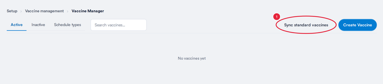 The vaccine catalogue toolbar with Sync standard vaccines marked