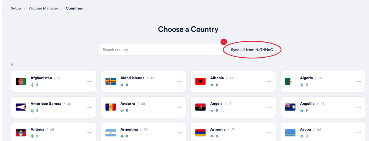 The Choose a Country page with Sync all from NaTHNaC marked