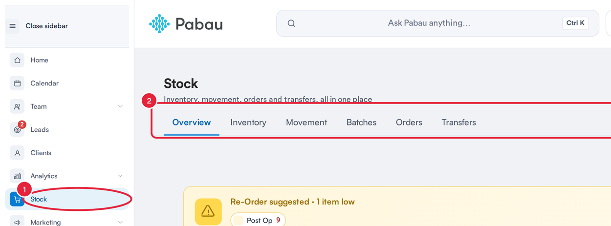 The sidebar with Stock marked and the Stock page tabs marked