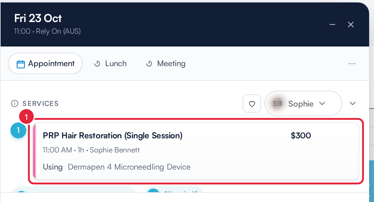 The Create Appointment panel with a service that has a payment schedule marked