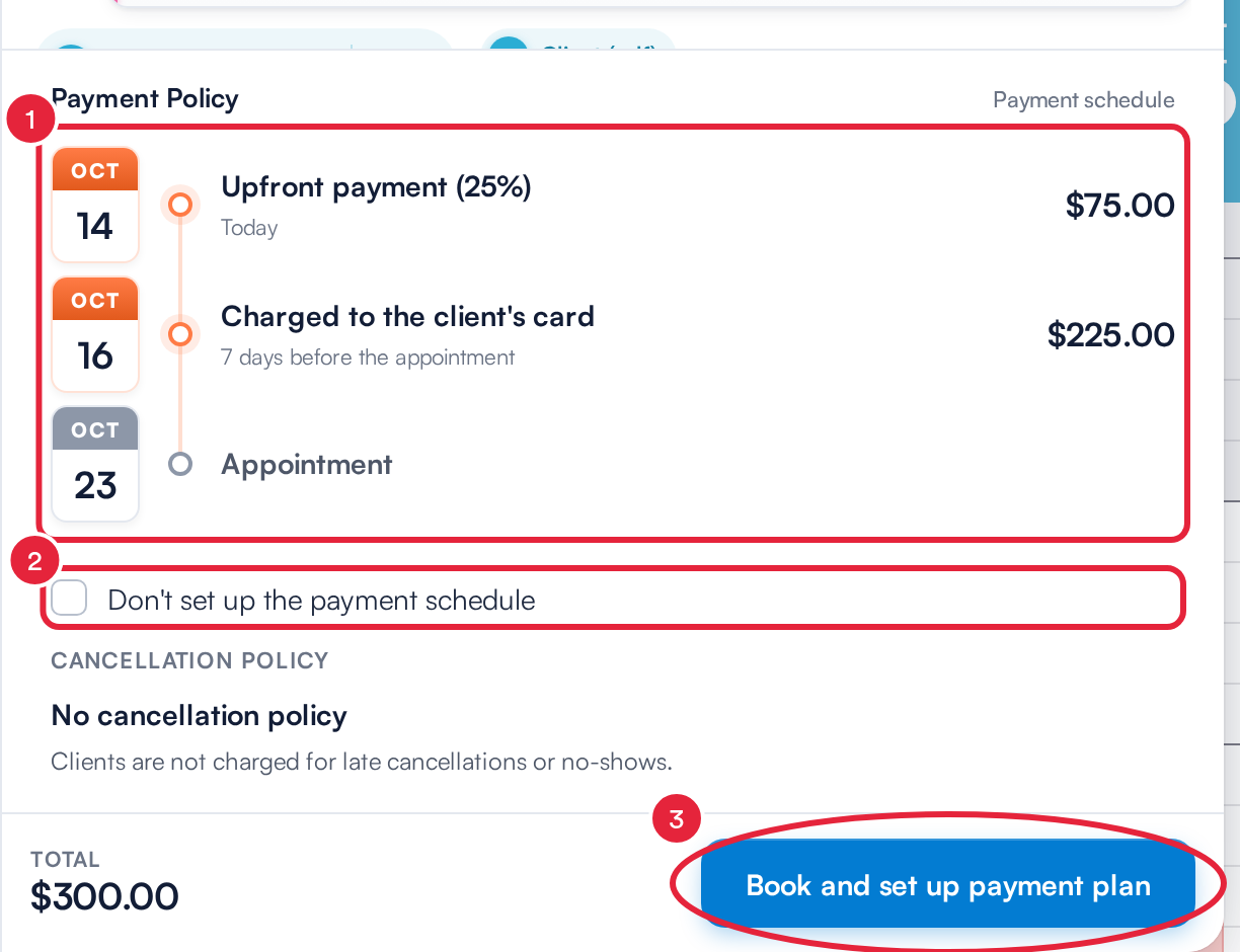 The Payment Policy section showing the upfront payment today, the balance charged to the card and the appointment, with the Book and set up payment plan button marked