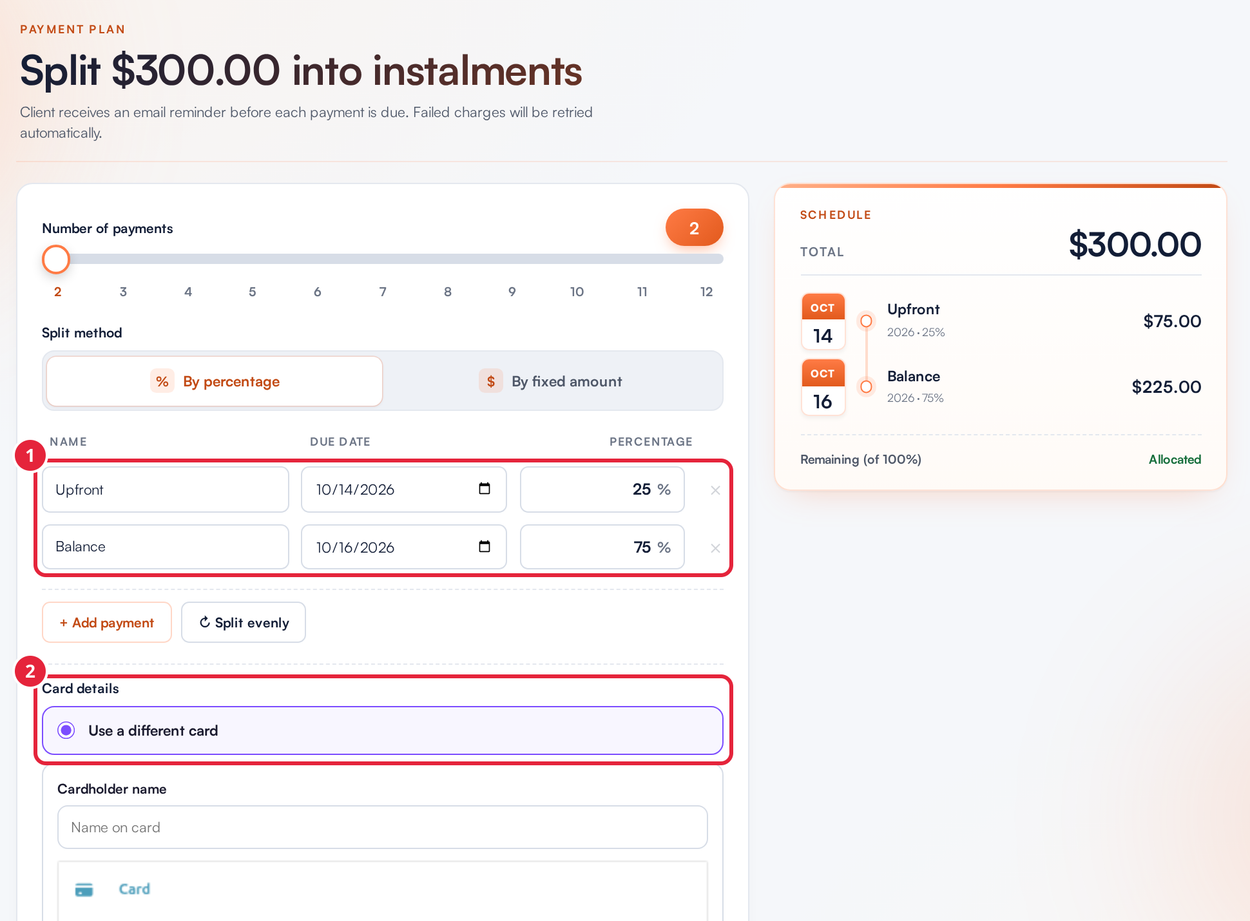 The Point of Sale payment plan window with the Upfront and Balance rows and Card details marked