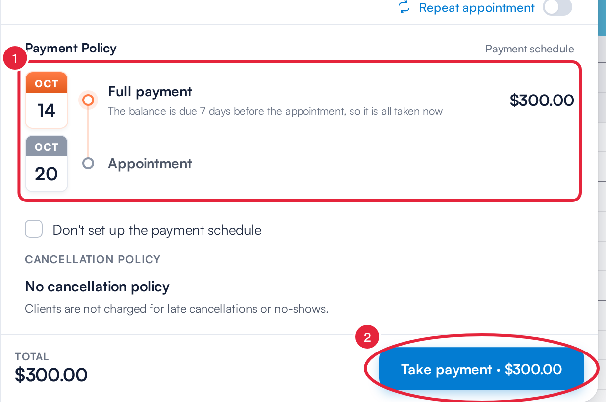 The Payment Policy section showing Full payment and the Take payment button