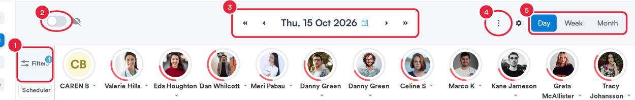 The new calendar header with Filters, Privacy, the date navigator, the More menu and the Day, Week and Month switcher marked