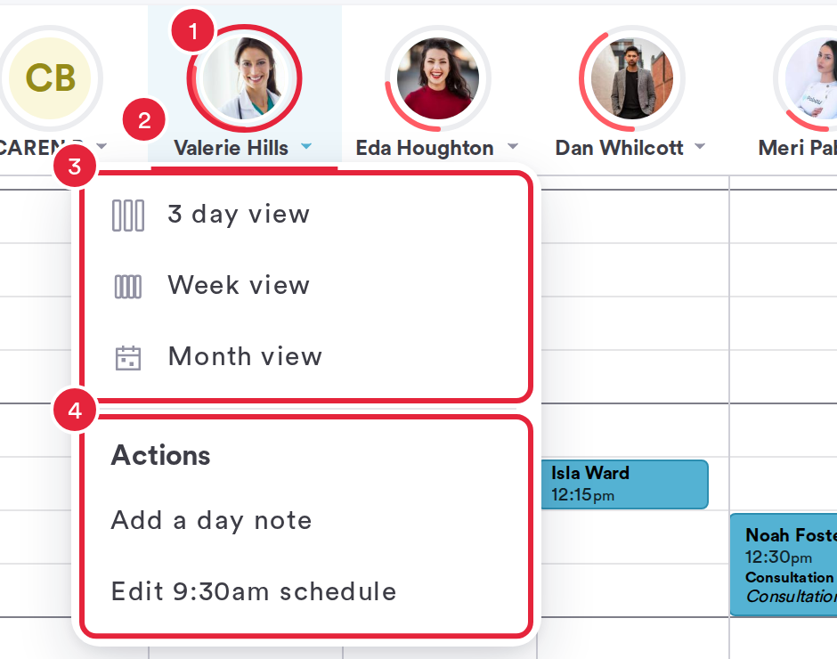 A staff member menu showing 3 day view, Week view, Month view and the Actions section with Add a day note and Edit schedule