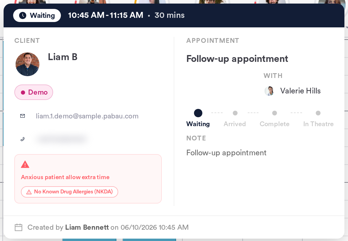 An appointment hover card showing the status, time, client details with an alert, the service, the staff member, the status journey and who created it