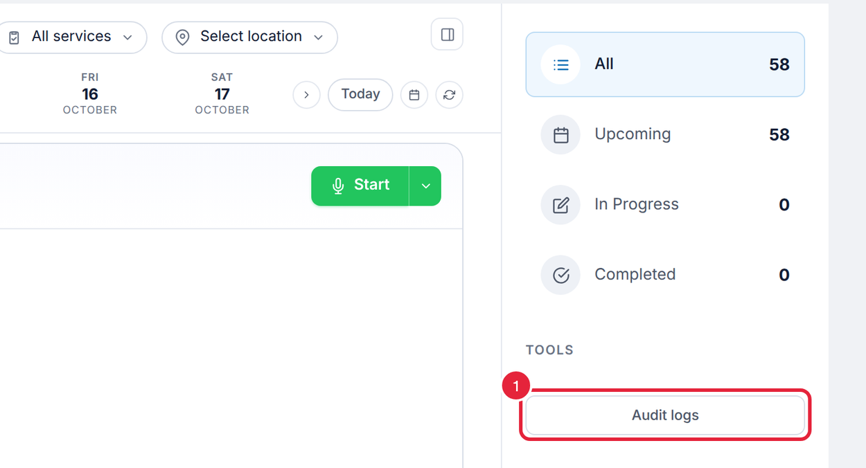The AI Scribe Sessions view with the Audit logs button under Tools marked