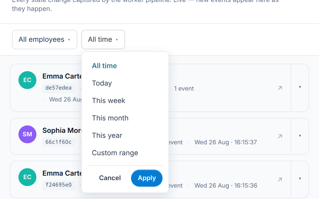 The date filter options from All time to Custom range with Cancel and Apply
