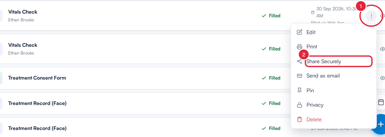 A form's More actions menu with Share Securely marked