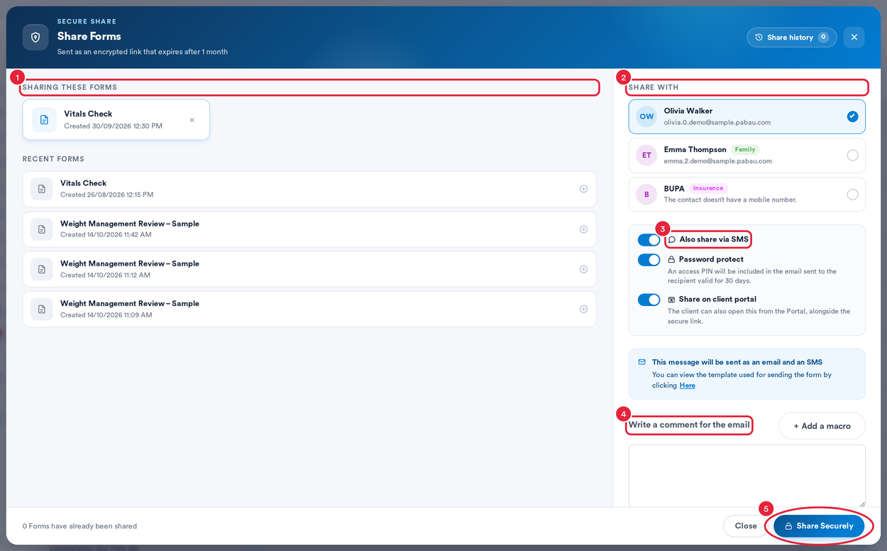 The Share Forms window with the items, Share with, the sharing options, the comment and Share Securely marked