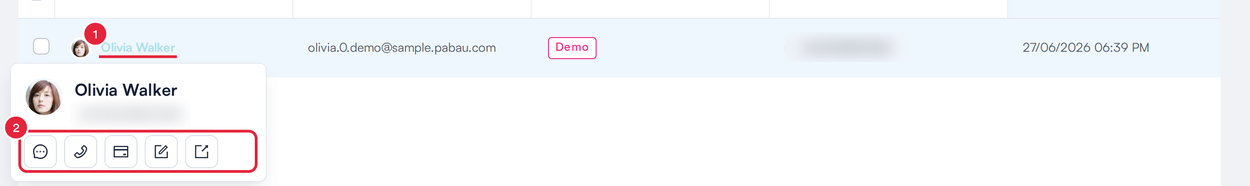 A client's hover card in the Clients list with the quick action buttons marked