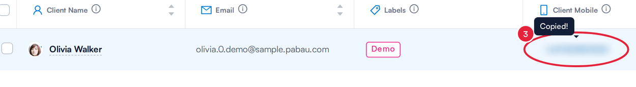 A phone number in the Client Mobile column showing Copied!