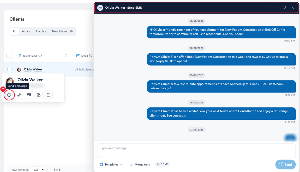 The Send SMS window opened from the hover card, beside the Clients list