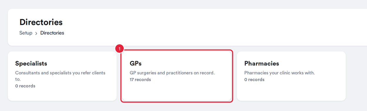 The Directories page with the Specialists, GPs and Pharmacies tiles