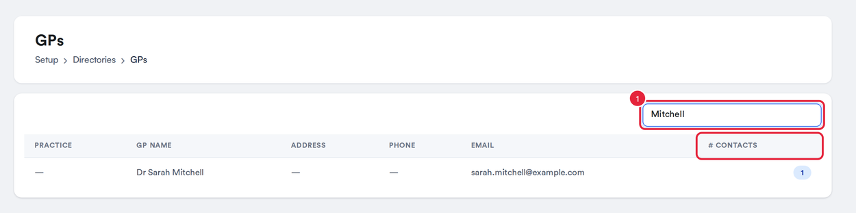 The GPs directory with the search box, column headings and # Contacts marked