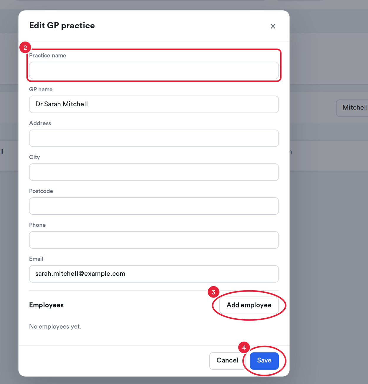 The Edit GP practice window with the Employees section and Save marked