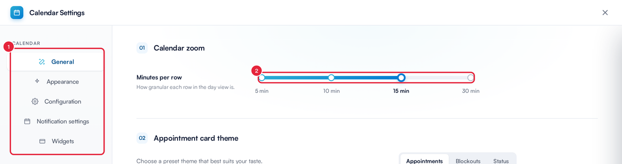 The Calendar Settings window with the tabs on the left and the Calendar zoom slider marked