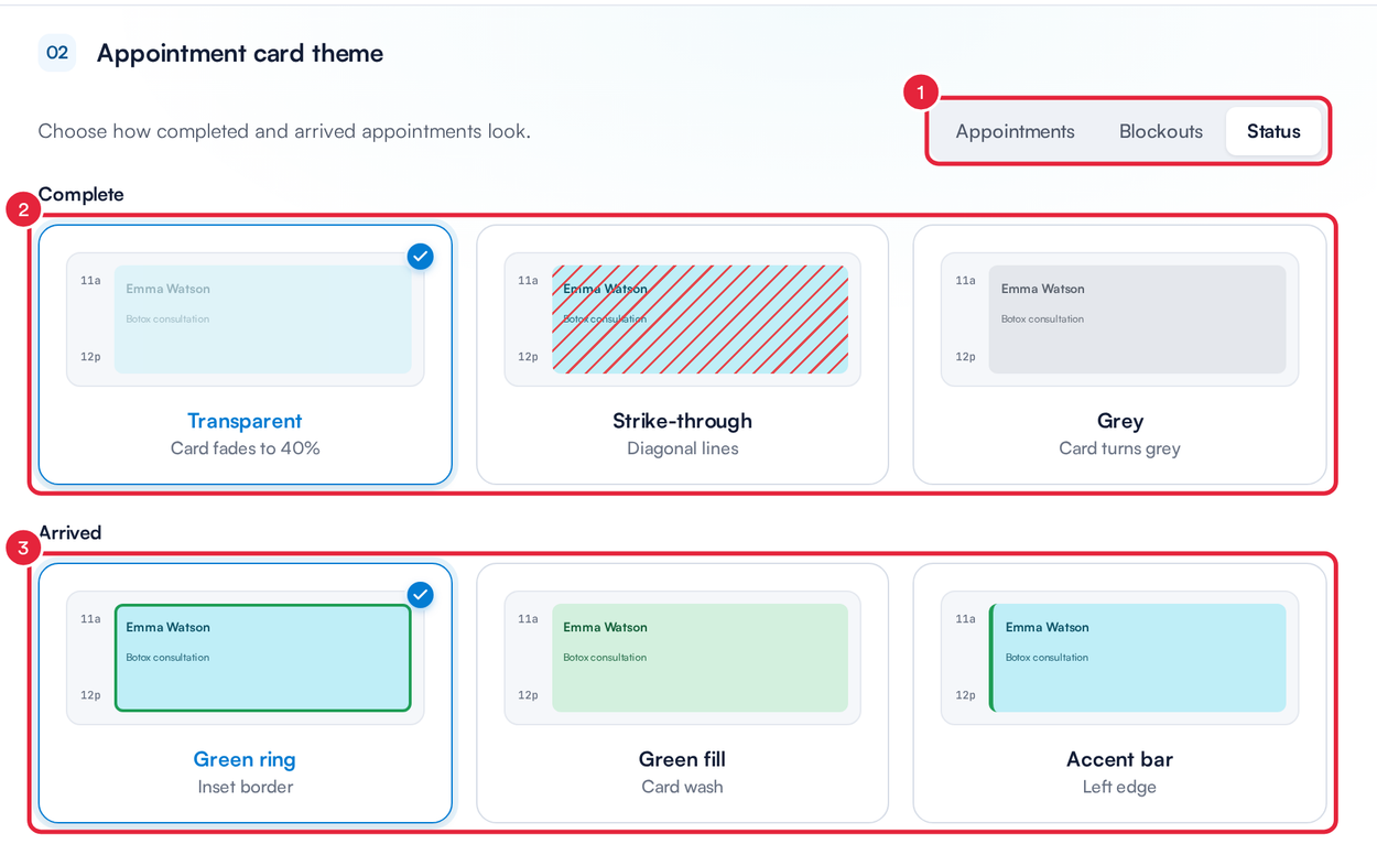 The Appointment card theme section with the Appointments, Blockouts and Status switch, the Complete options and the Arrived options marked