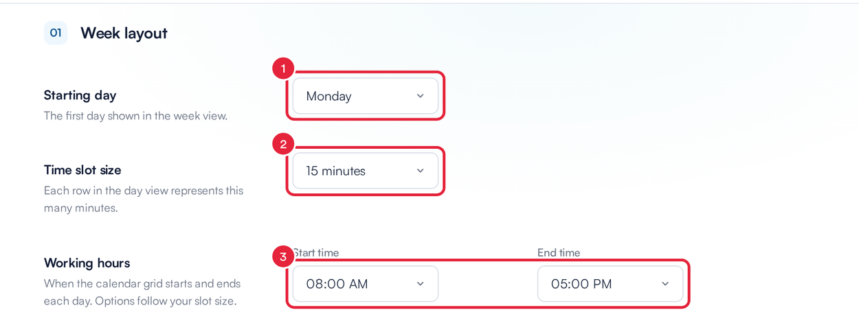 The Week layout section of the Configuration tab with Starting day, Time slot size and Working hours marked