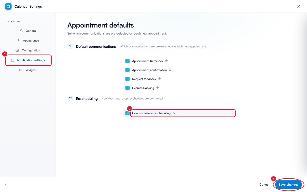 The Notification settings tab with Confirm before rescheduling and the Save changes button marked