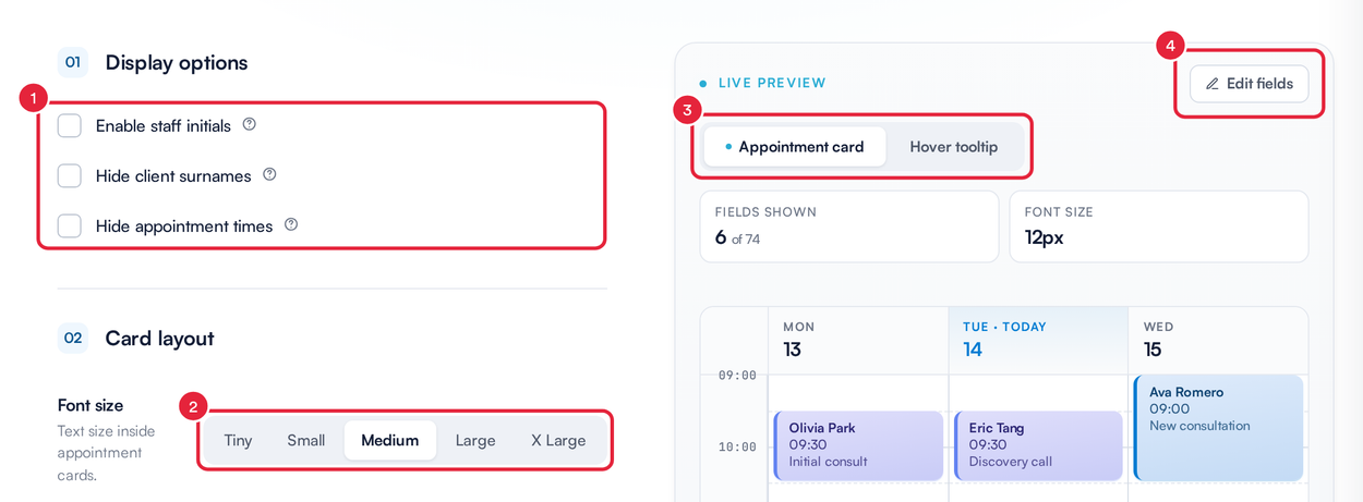 The Appearance tab with Display options, Font size, the Appointment card and Hover tooltip switch and the Edit fields button marked