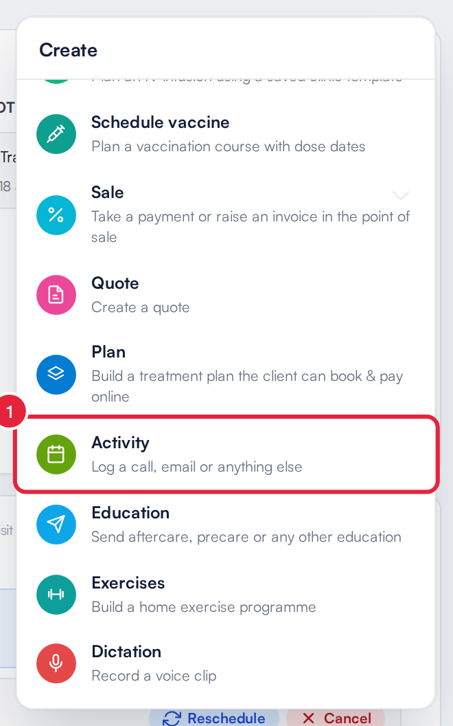The client card Create menu with Activity marked
