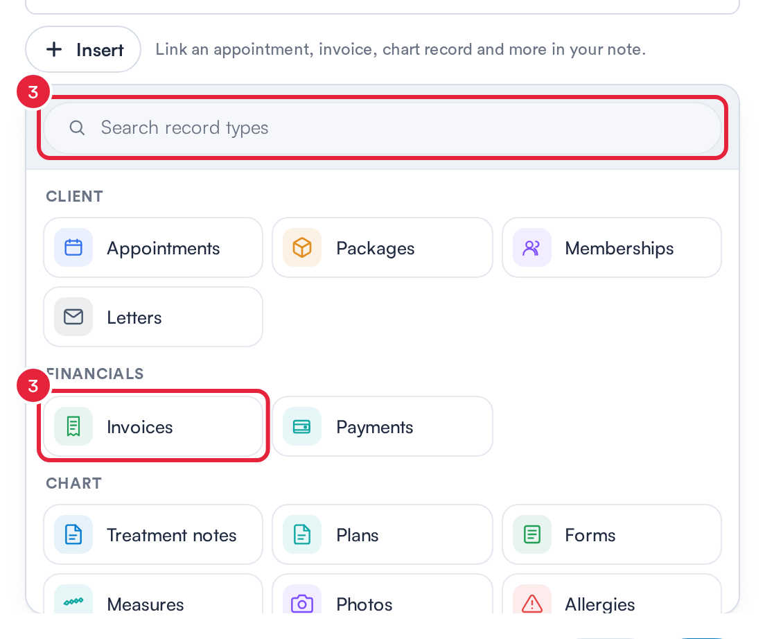 The record types offered by Insert, with Search record types and Invoices marked