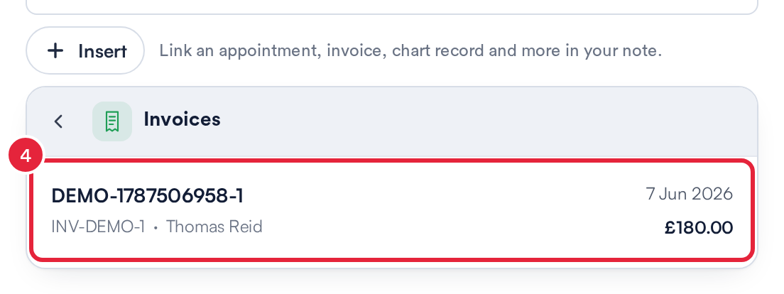 The client's invoices listed under Invoices, with one invoice marked