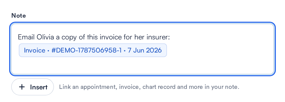 An activity note with an inserted invoice link pill