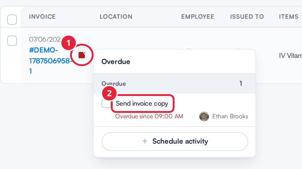 The linked activity icon on an invoice, open to show the invoice's open activities and Schedule activity