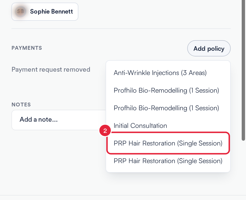 The Add policy list showing each appointment in the visit, with one marked