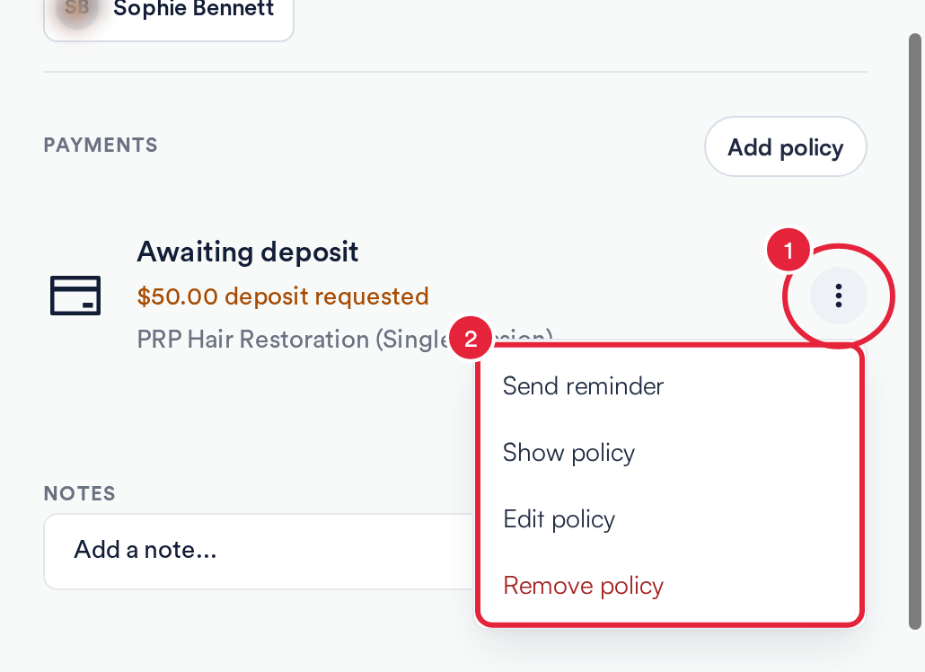 An Awaiting deposit row with its actions menu open: Send reminder, Show policy, Edit policy and Remove policy