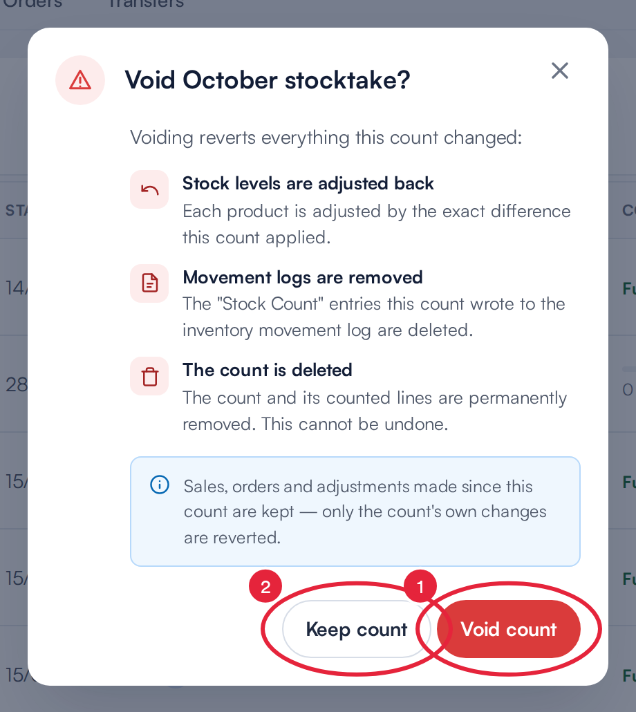The Void count confirmation listing the three effects, with Void count and Keep count marked