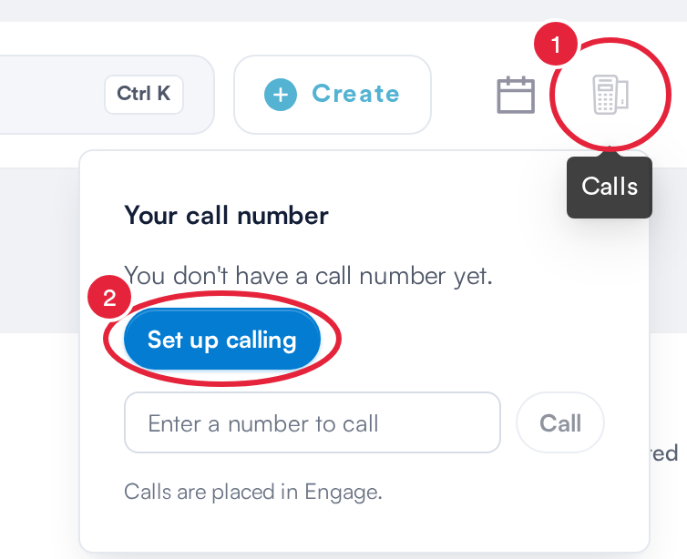 The Calls icon in the Pabau header with the Your call number panel and Set up calling marked