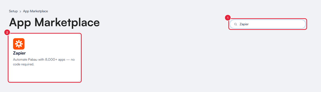 The App Marketplace with Zapier typed in the search box and the Zapier card marked