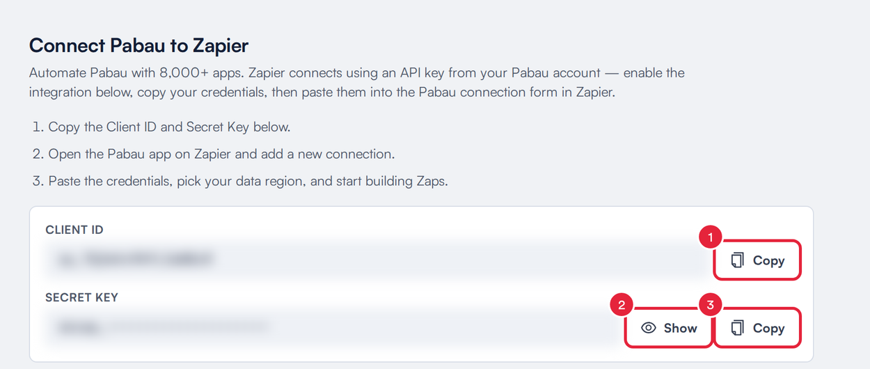 The Client ID and Secret Key with the Copy, Show and Copy buttons marked
