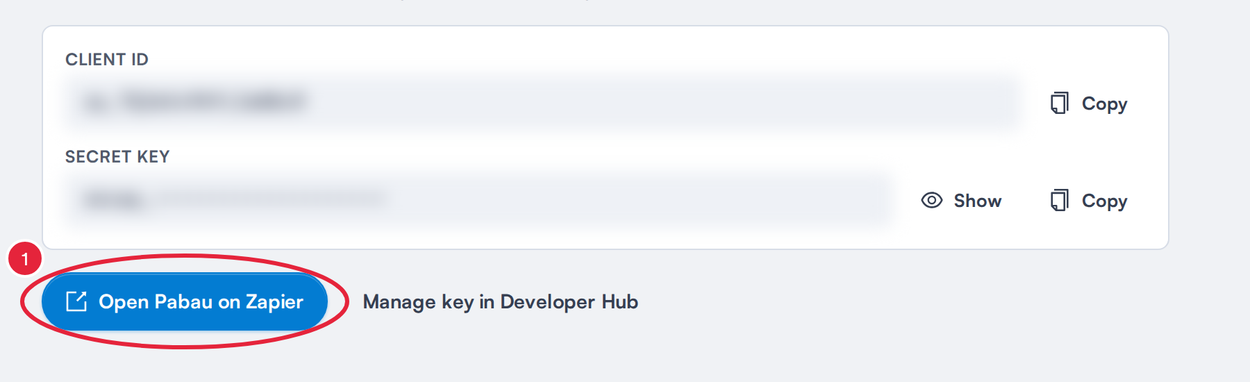 The Open Pabau on Zapier button marked below the credentials