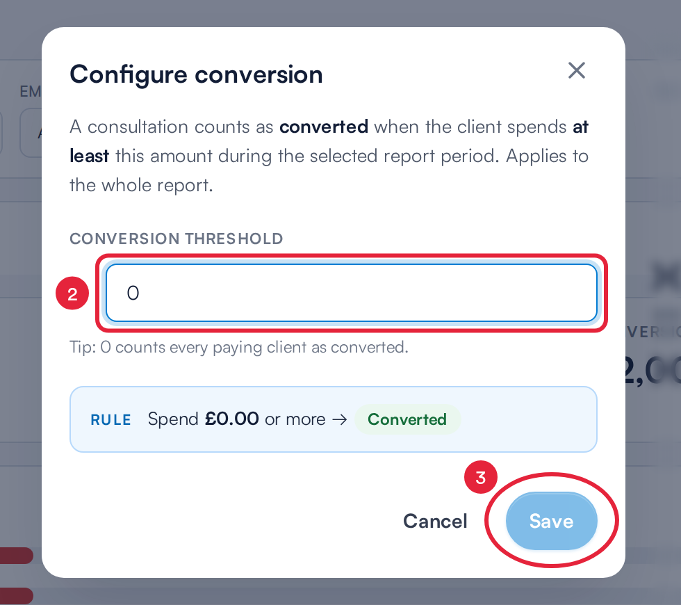 The Configure conversion window with the Conversion threshold field and Save marked