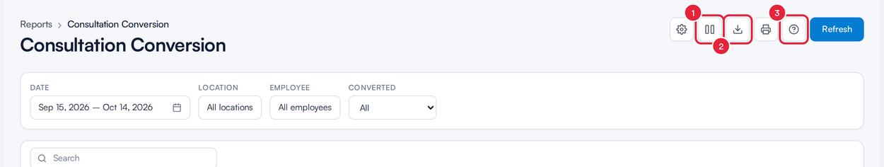 The report header with the Columns, Export and Help icons numbered