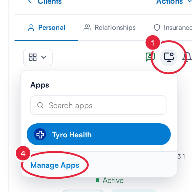 The Apps icon on the client card and the Apps list showing Tyro Health and Manage Apps
