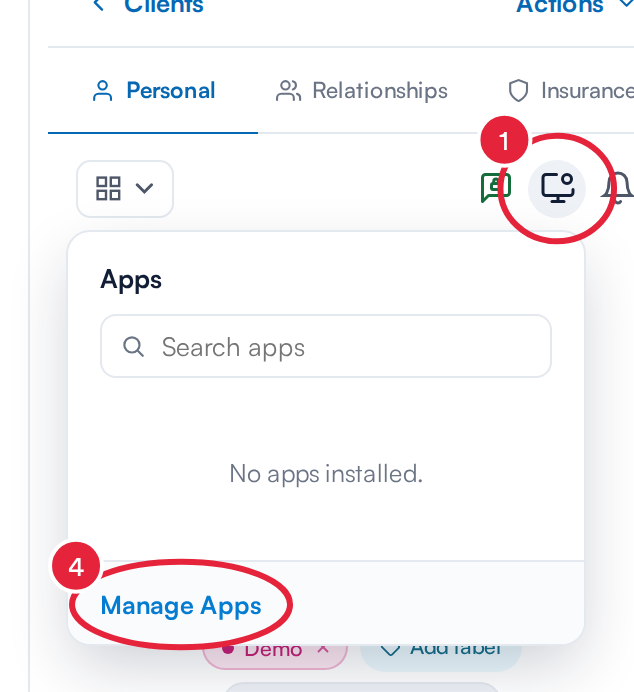 The Apps icon on the client card and the Apps list showing No apps installed and Manage Apps