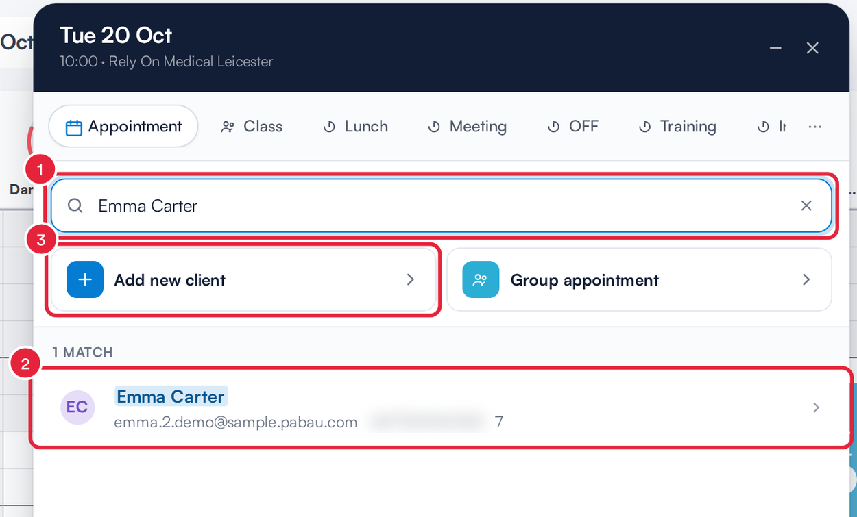 The client search box, a matching client and the Add new client button marked