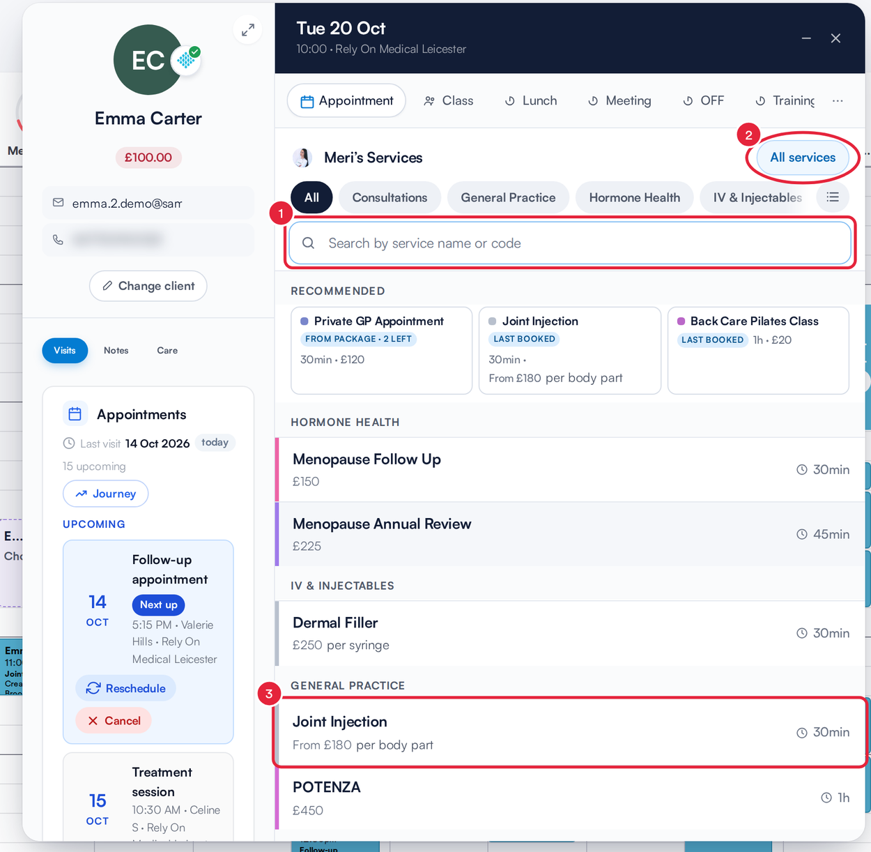 The service search, the All services button and a service marked