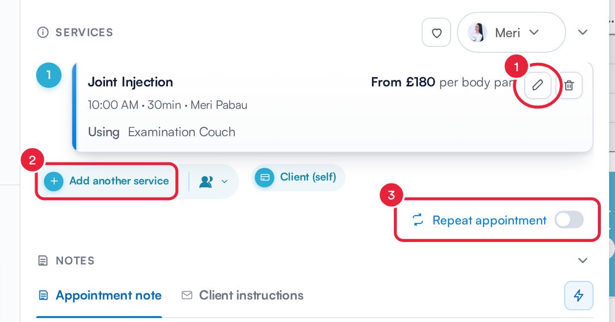 A service card with the edit pencil, Add another service and Repeat appointment marked