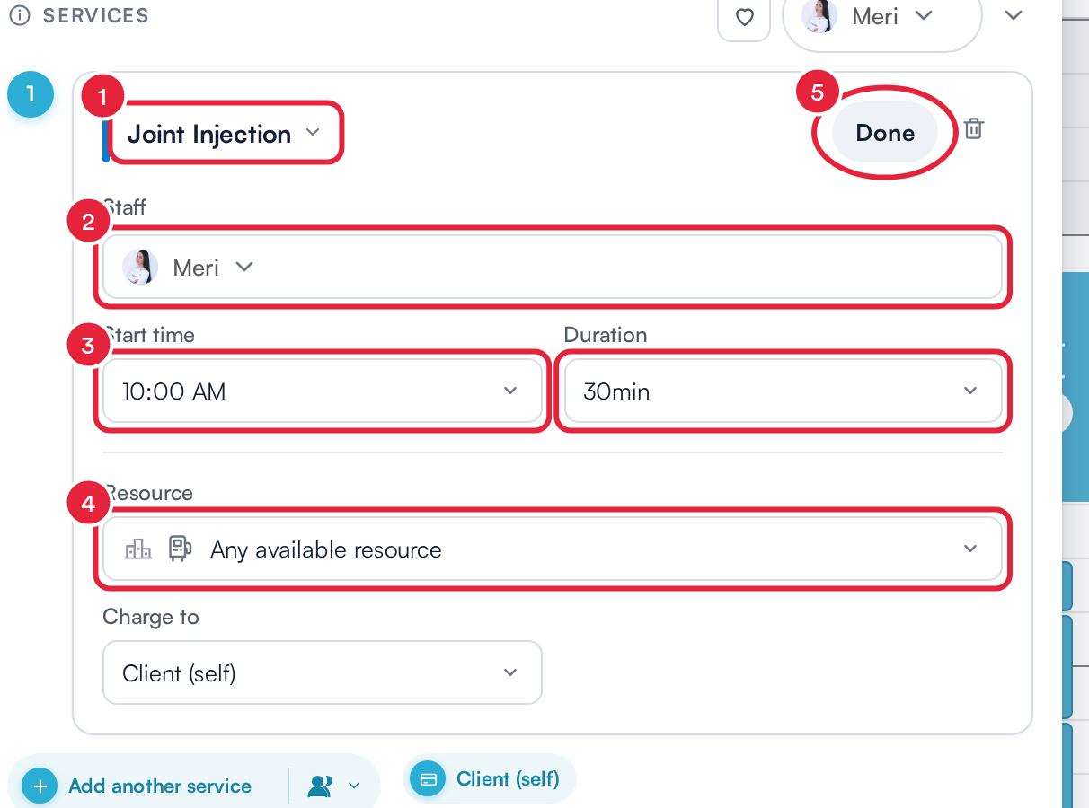 The open service card with the service name, Staff, Start time and Duration, Resource and Done marked