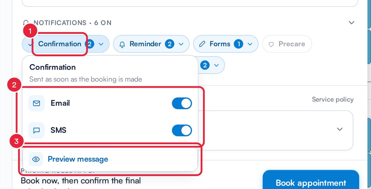 The Confirmation chip open with the Email and SMS switches and Preview message marked