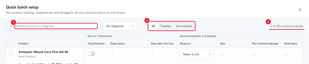 Quick batch setup with the search box, the Tracked filter and the tracked count marked