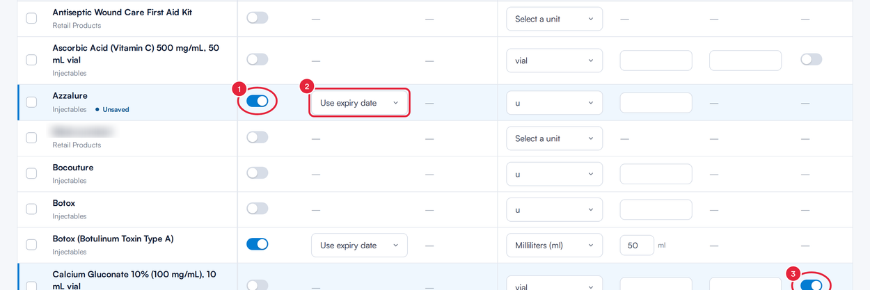 Quick setup rows with Track batches, Expiry basis and Multi-dose marked and Unsaved labels
