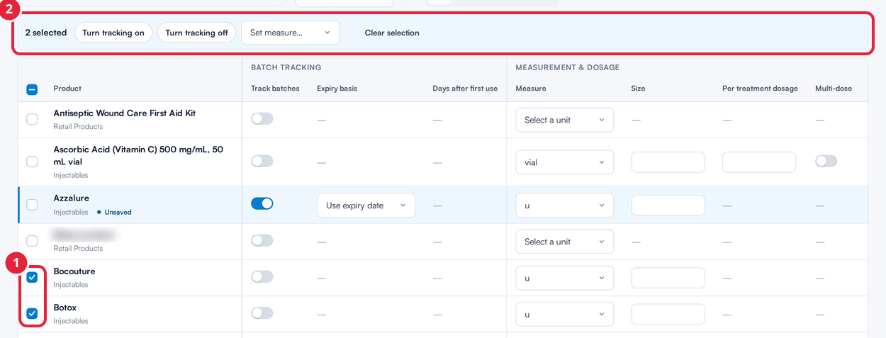 Two products ticked and the bar with Turn tracking on, Turn tracking off and Set measure marked