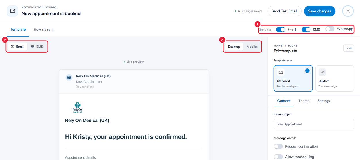 The notification studio with the Send via switches, the Email and SMS preview switch and the Desktop and Mobile switch marked
